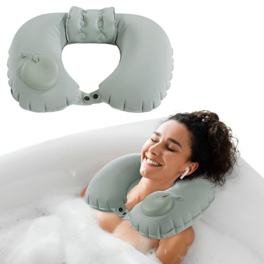 Bathtub Pillow Inflatable - 浴槽やシャワー用の膨らませるバスネックピロー - 頭と首のサポート、グレーのU字型旅行用枕（飛行機用）