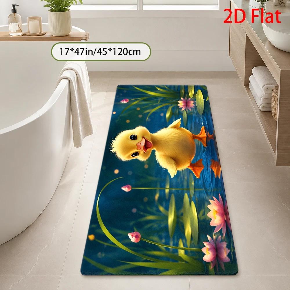 Home Bathroom Scene - 1枚、2枚、3枚、かわいい黄色いアヒルの子の池の風景柄バスマットセット、春の睡蓮柄バスルームマット、洗濯機で洗えるバスマット
