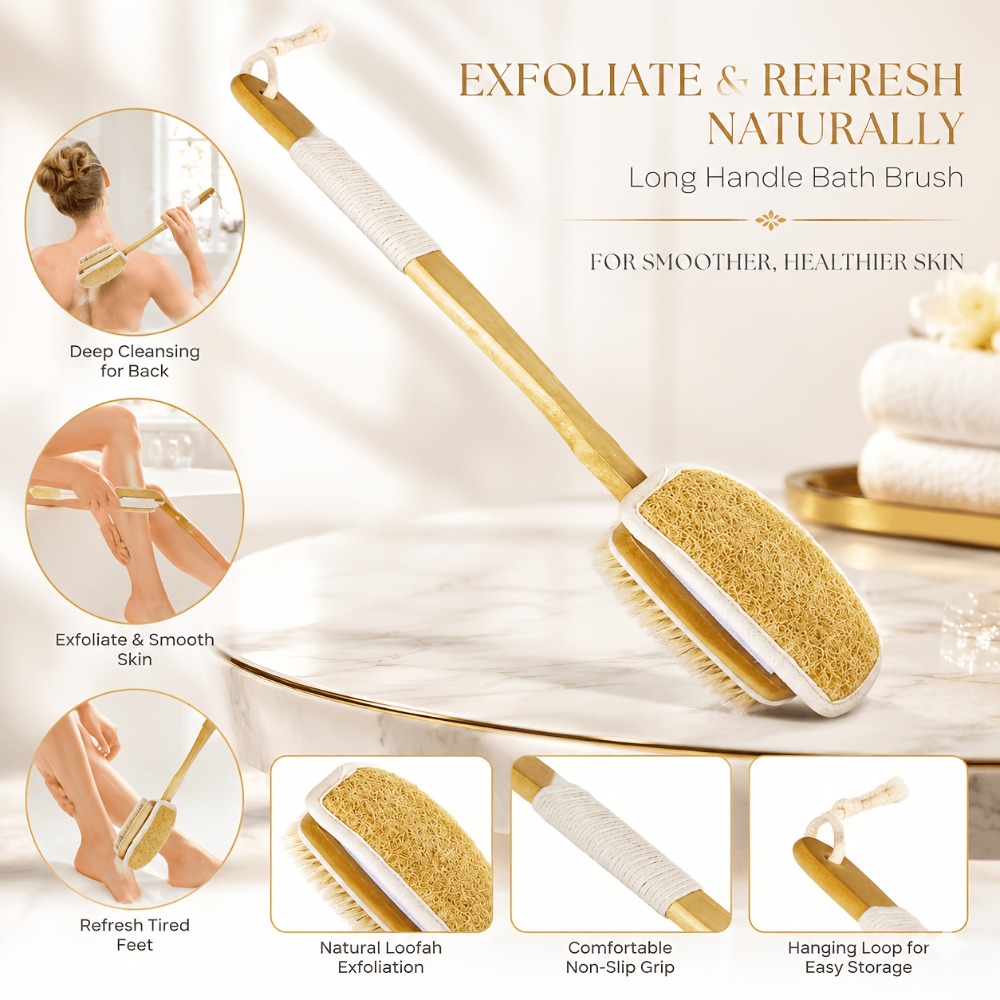 Home Bathroom Cleaning Machine - 木製ロングハンドルバスブラシ 天然ヘチマ猪毛 両面背中スクラバー 角質除去シャワーボディブラシ バスルーム清掃ツール