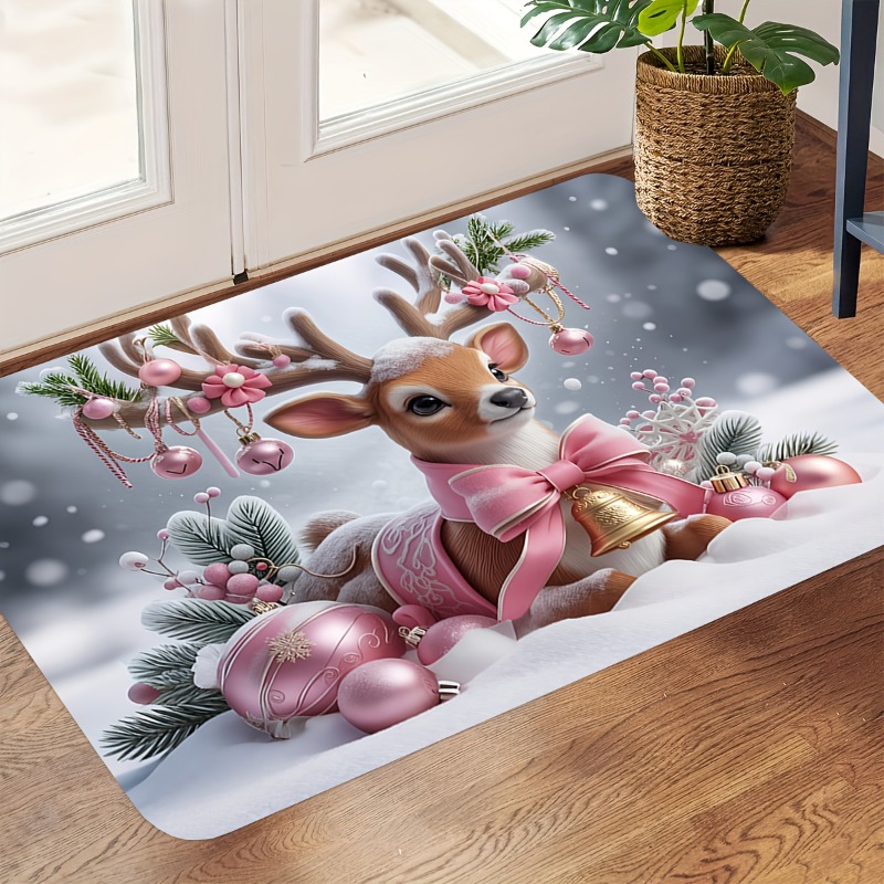ピンクのクリスマス・トナカイ柄フランネル製ドアマット、リボン - Home Bathroom Scene のレビューと価格