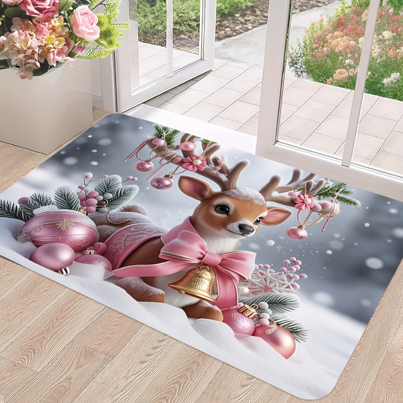 ピンクのクリスマス・トナカイ柄フランネル製ドアマット、リボン - Home Bathroom Scene のレビューと価格