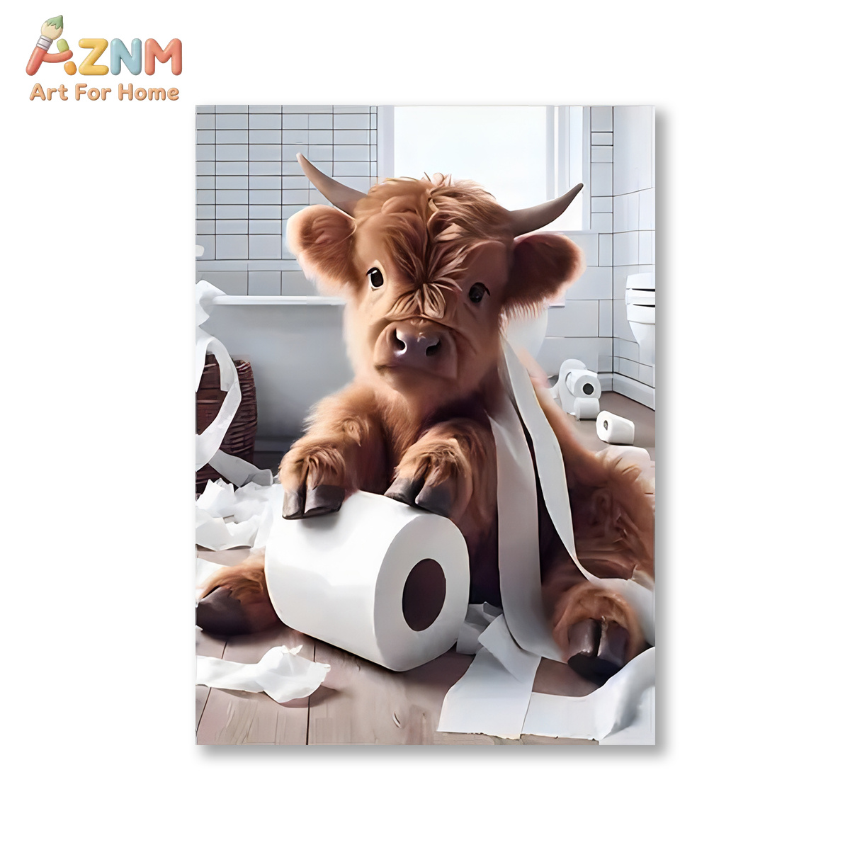 AZNM 面白いハイランド牛のバスルームキャンバスウォールア - Home Bathroom Scene のレビューと価格
