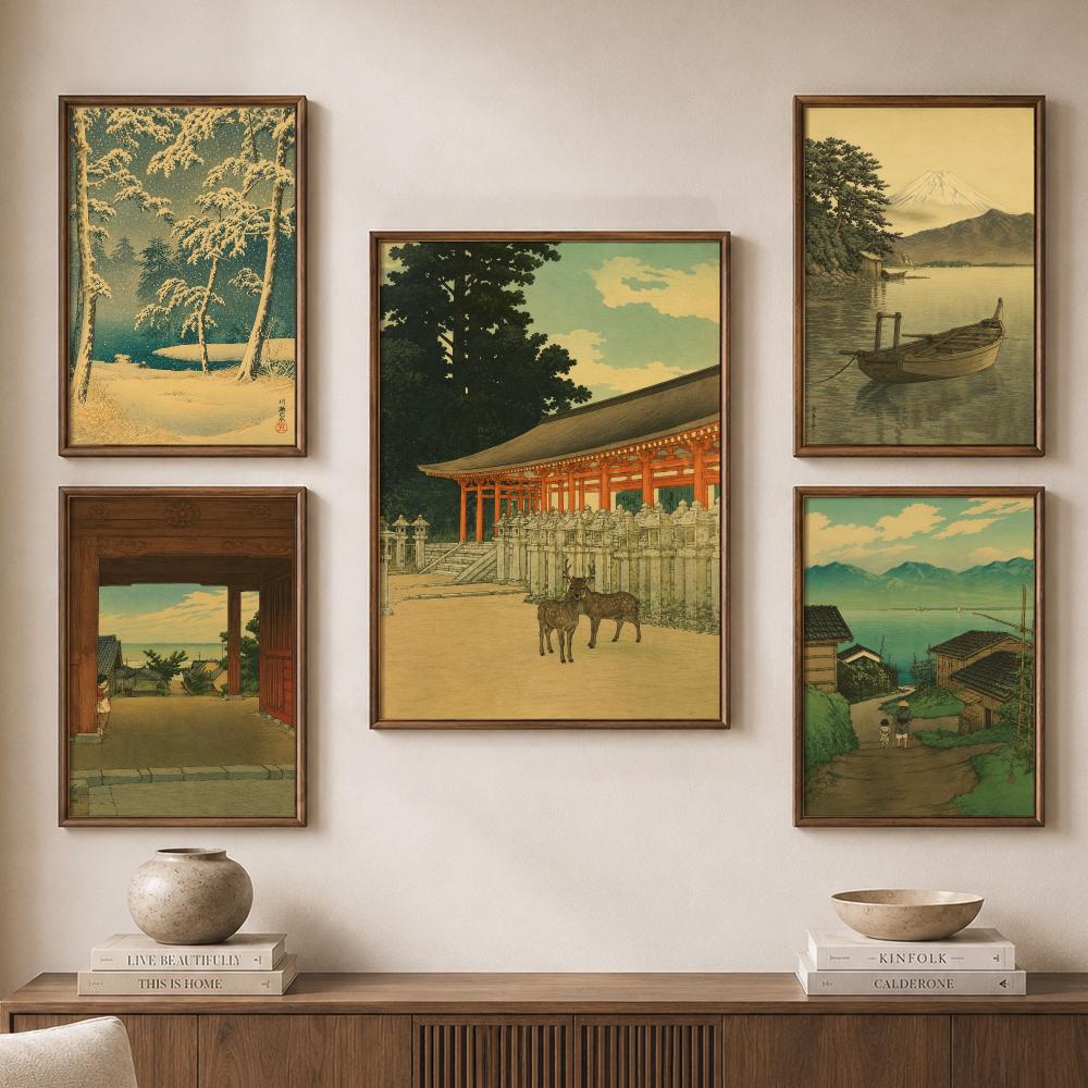 日本の古寺院・塔の風景を描いた木版画ポスター、モダンな美的感 - Home Bathroom Scene のレビューと価格